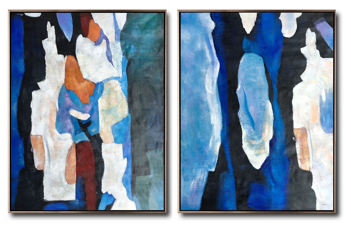 Hand-painted large Set of 2 Blue Minimalist Painting on canvas - Painting Art Large